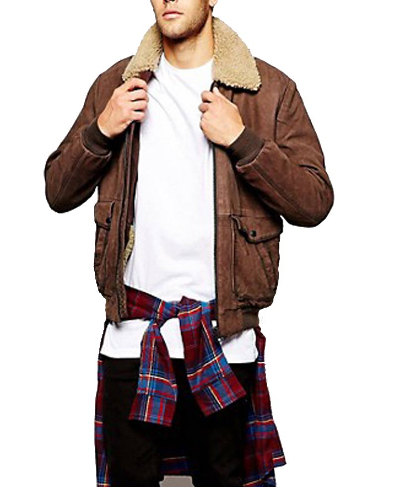 Men's Bomber Wrangler Leather Jacket with Fur Collar Men's Bomber Wrangler Leather Jacket with Fur Collar - Image 4