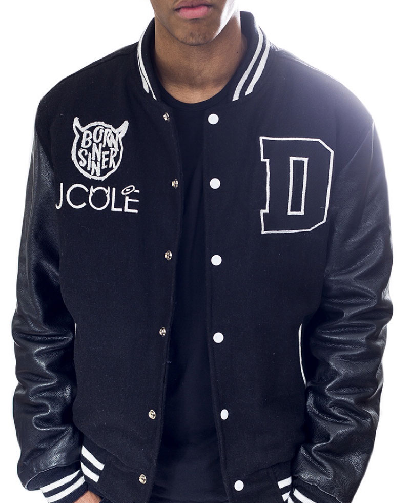 Men's Dreamville J Cole Born Sinner Varsity Bomber Jacket Men's Dreamville J Cole Born Sinner Varsity Bomber Jacket