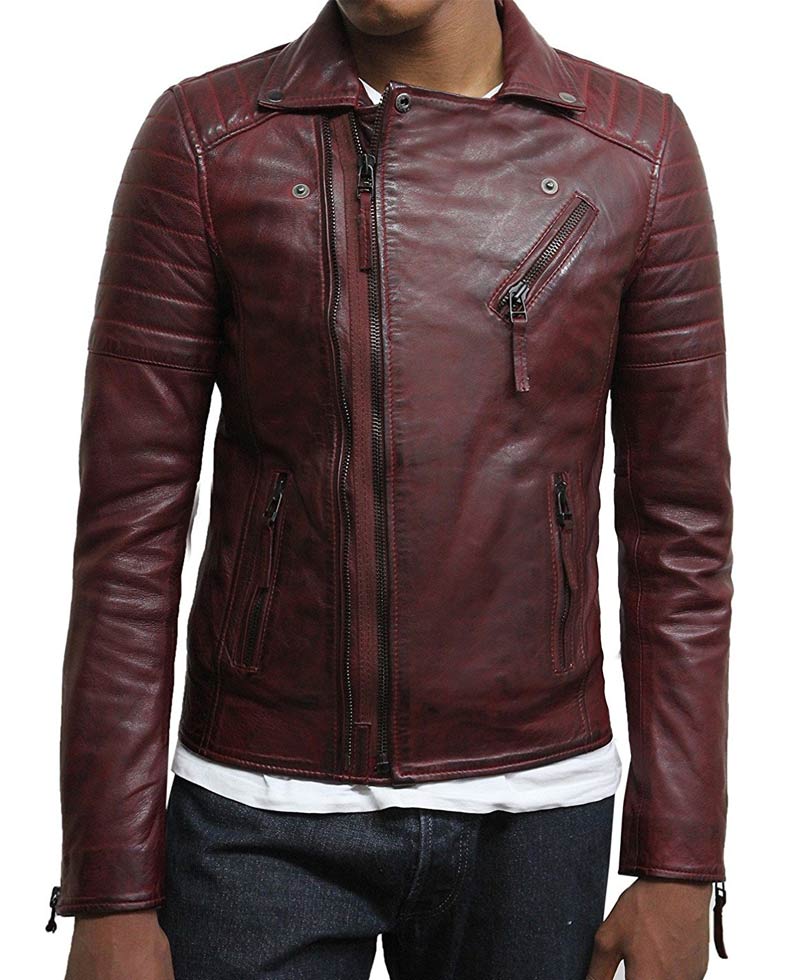 Men's Brando Style Asymmetrical Zipper Burgundy Biker Jacket Men's Brando Style Asymmetrical Zipper Burgundy Biker Jacket - Image 2