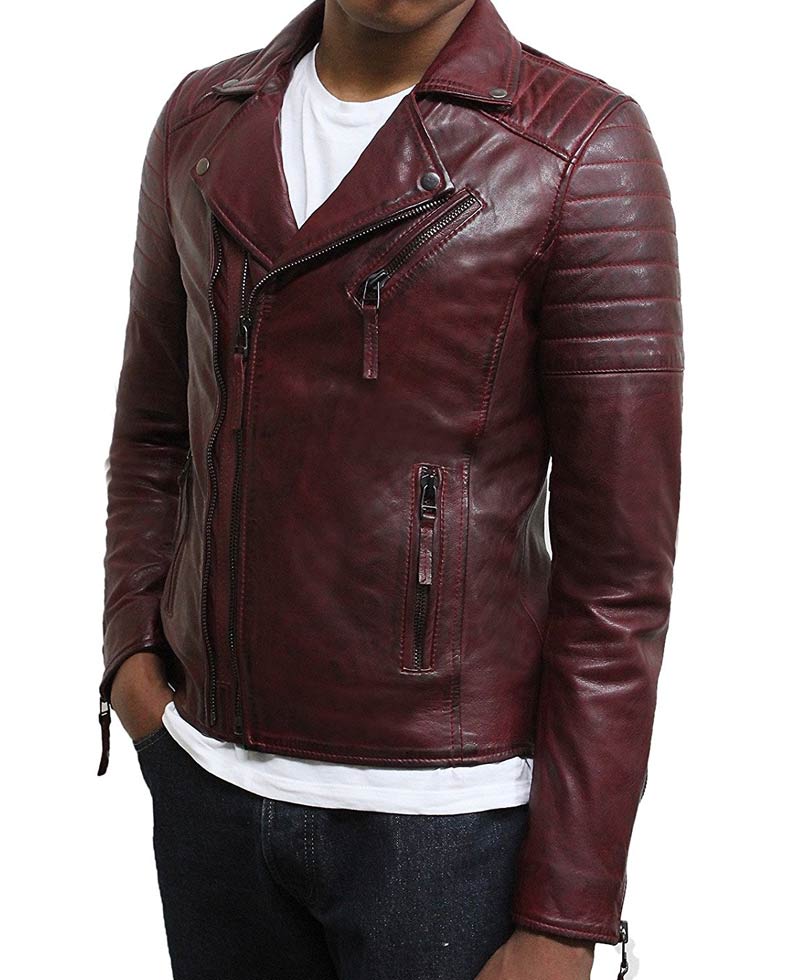 Men's Brando Style Asymmetrical Zipper Burgundy Biker Jacket Men's Brando Style Asymmetrical Zipper Burgundy Biker Jacket - Image 3