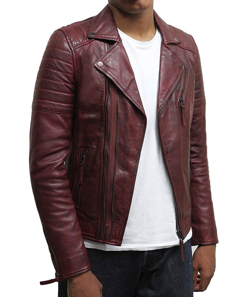 Men's Brando Style Asymmetrical Zipper Burgundy Biker Jacket Men's Brando Style Asymmetrical Zipper Burgundy Biker Jacket - Image 4