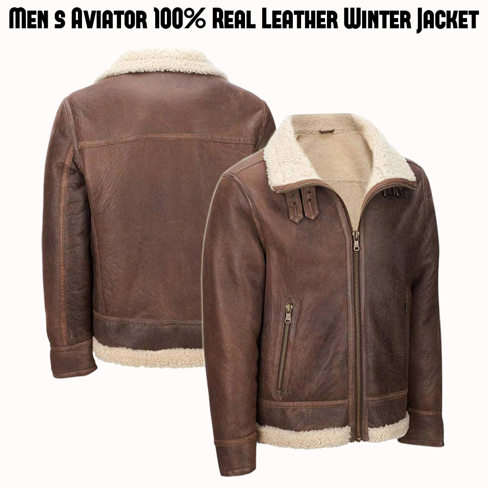 Men's Aviator Faux Shearling Brown Leather Jacket Men's Aviator Faux Shearling Brown Leather Jacket - Image 4