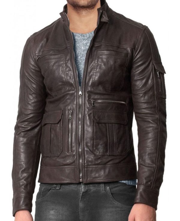 Men's Stand Collar Brown Real Leather Jacket