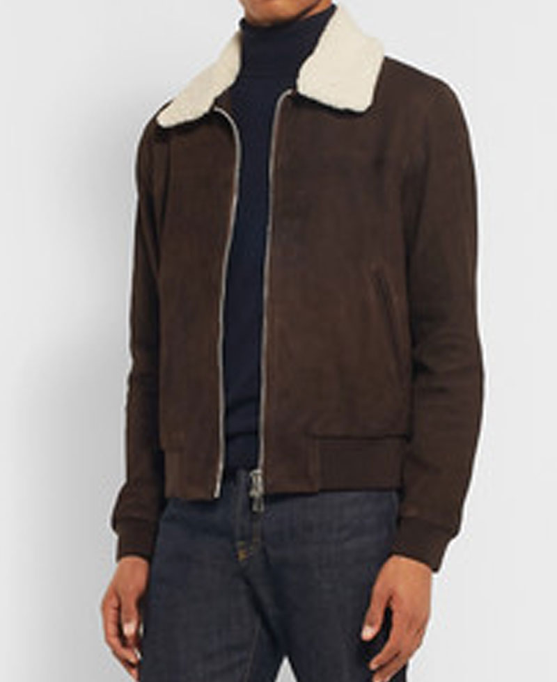 Men's Brown Suede Bomber Shearling Trim Jacket Men's Brown Suede Bomber Shearling Trim Jacket - Image 4