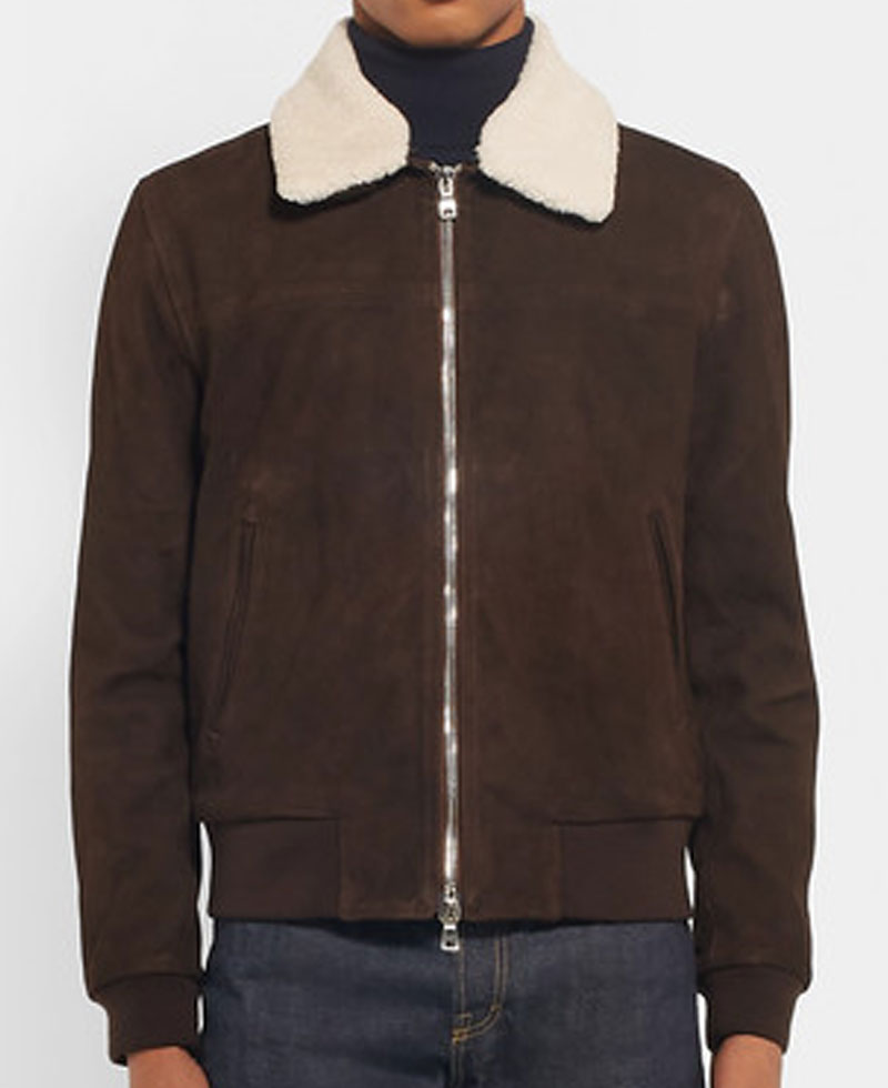 Men's Brown Suede Bomber Shearling Trim Jacket Men's Brown Suede Bomber Shearling Trim Jacket - Image 2