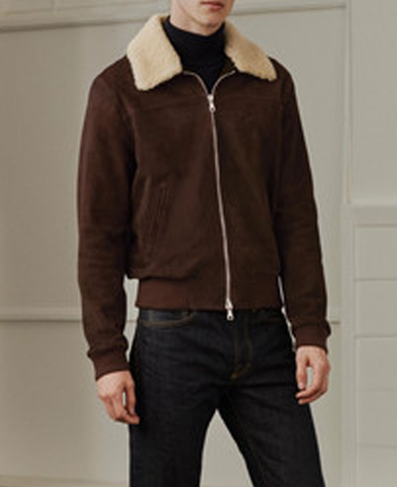 Men's Brown Suede Bomber Shearling Trim Jacket Men's Brown Suede Bomber Shearling Trim Jacket - Image 3