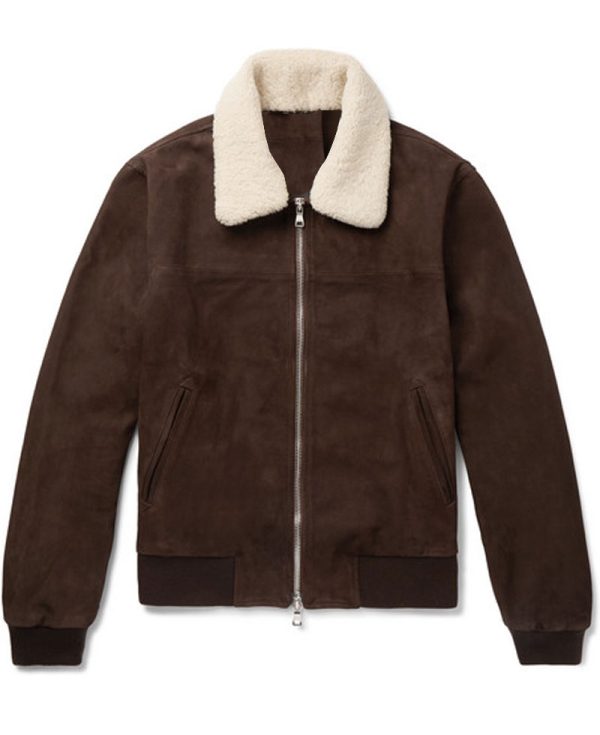 Men's Brown Suede Bomber Shearling Trim Jacket