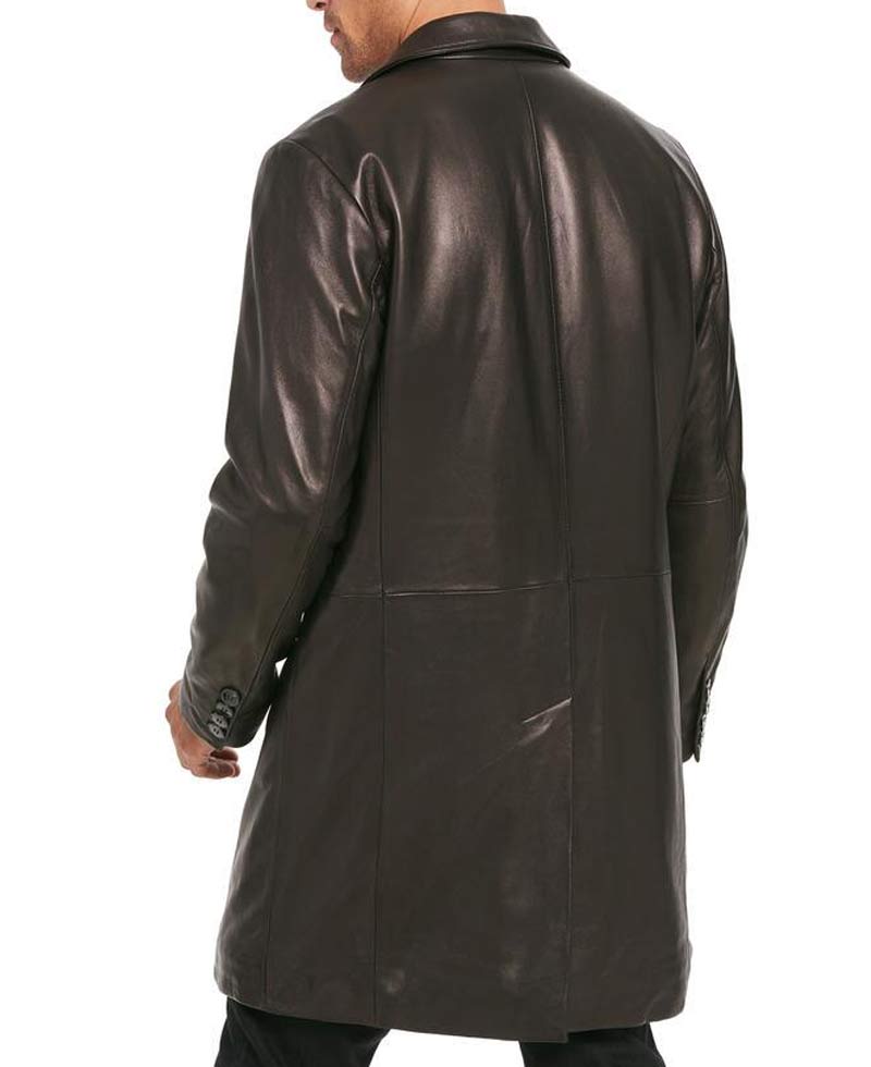 Men's Button Closure Mid Length Smooth Leather Coat Men's Button Closure Mid Length Smooth Leather Coat - Image 5