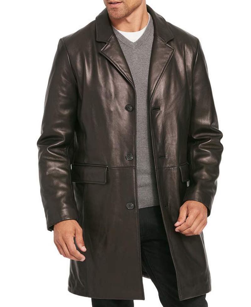 Men's Button Closure Mid Length Smooth Leather Coat Men's Button Closure Mid Length Smooth Leather Coat - Image 2