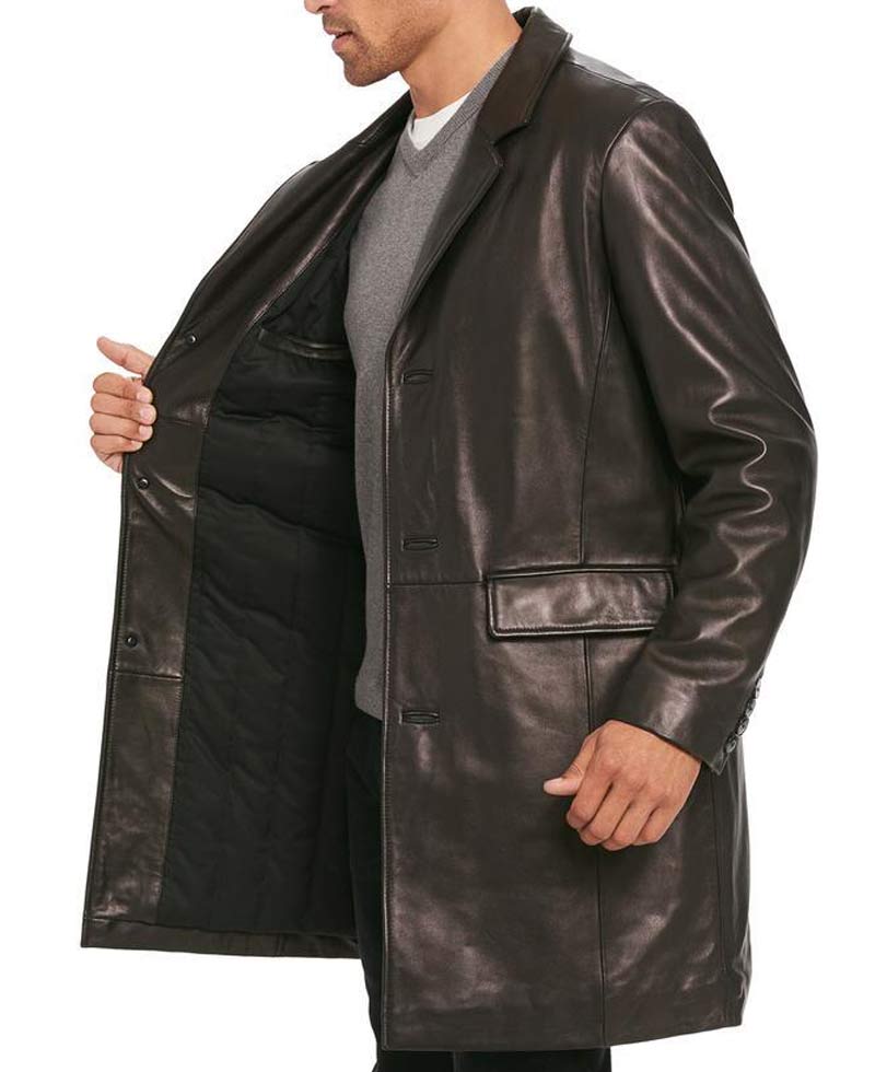 Men's Button Closure Mid Length Smooth Leather Coat Men's Button Closure Mid Length Smooth Leather Coat - Image 4