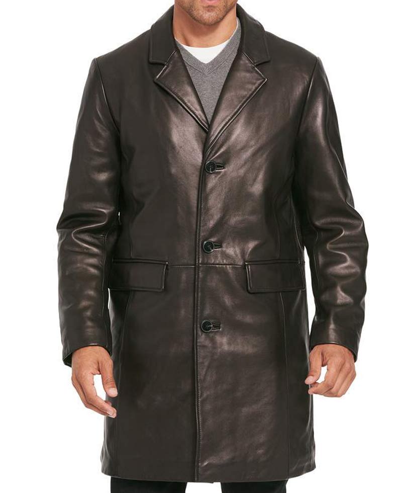 Men's Button Closure Mid Length Smooth Leather Coat Men's Button Closure Mid Length Smooth Leather Coat