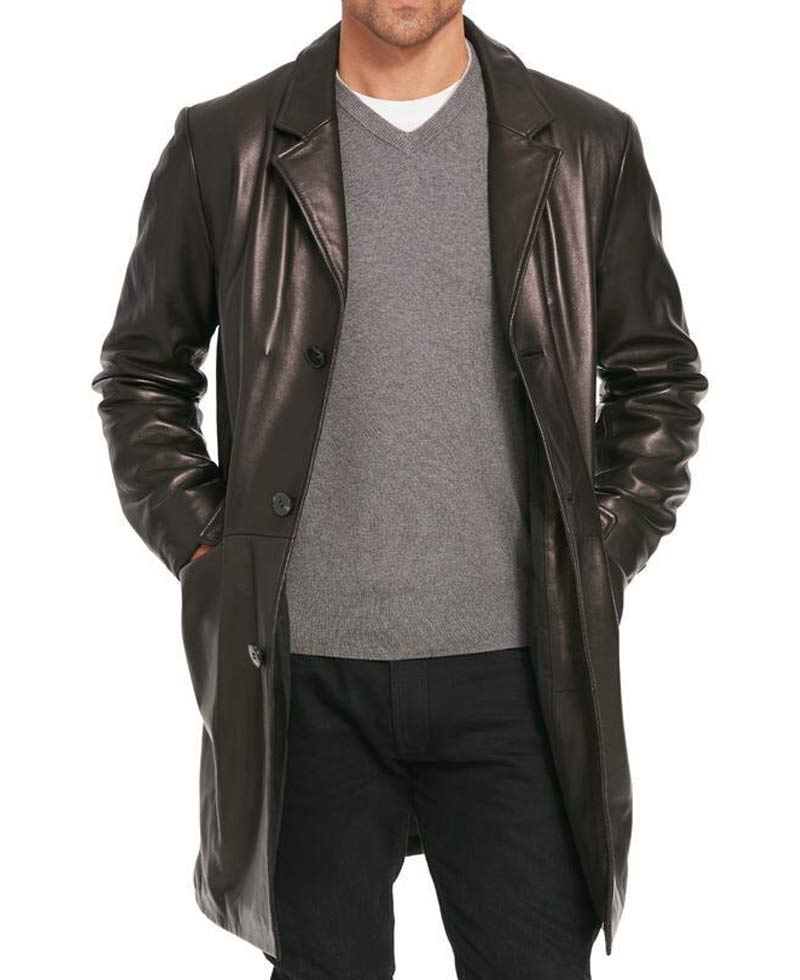 Men's Button Closure Mid Length Smooth Leather Coat Men's Button Closure Mid Length Smooth Leather Coat - Image 3