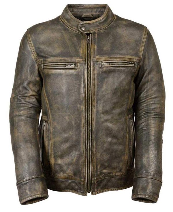 Men's Cafe Racer Brown Waxed Leather Jacket