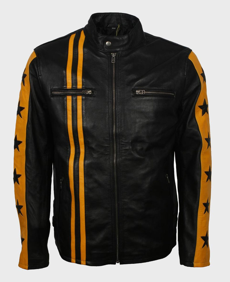 Men's Star Design Striped Cafe Racer Leather Jacket
