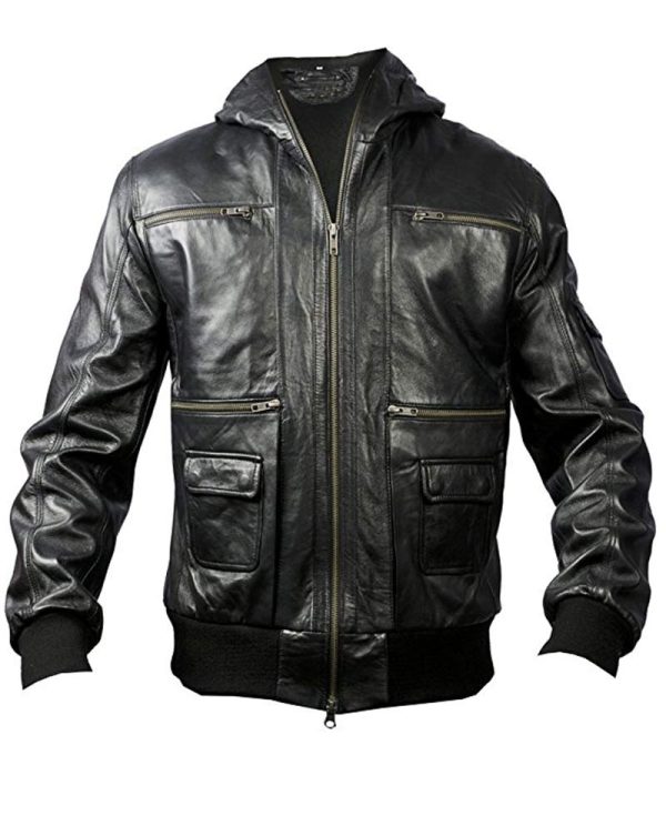 Men's Casual Black Leather Bomber Jacket Hoodie