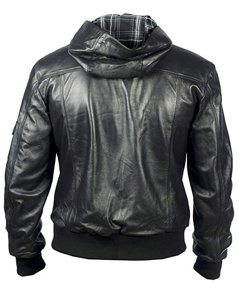 Men's Casual Black Leather Bomber Jacket Hoodie Men's Casual Black Leather Bomber Jacket Hoodie - Image 2
