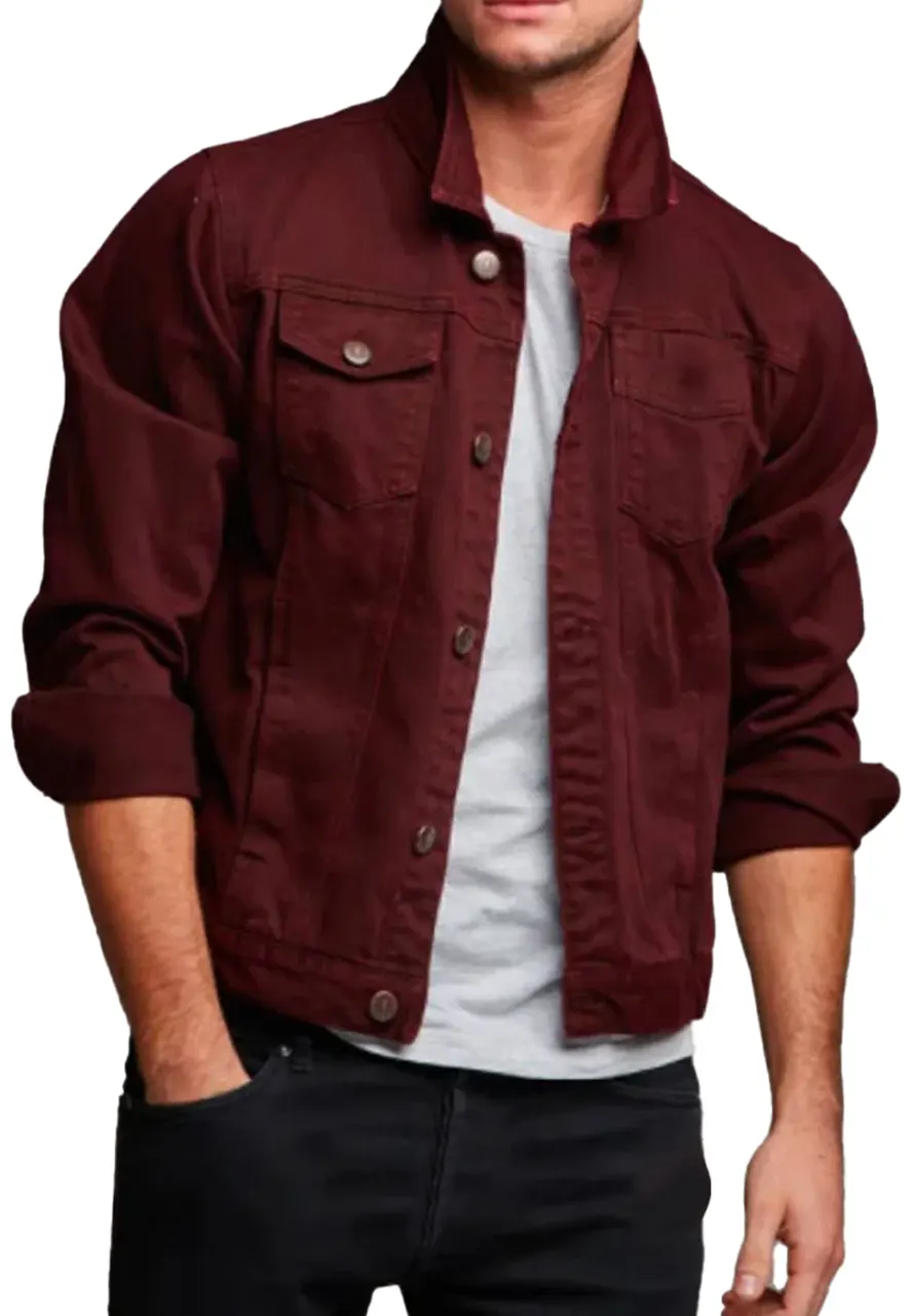Men's Burgundy Denim Button Closure Jacket Men's Burgundy Denim Button Closure Jacket