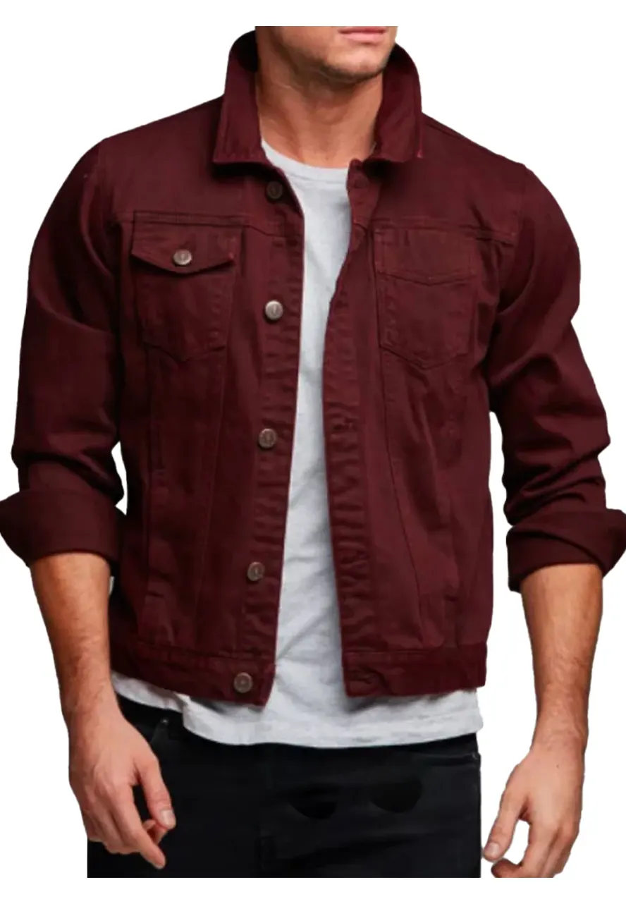 Men's Burgundy Denim Button Closure Jacket Men's Burgundy Denim Button Closure Jacket - Image 3
