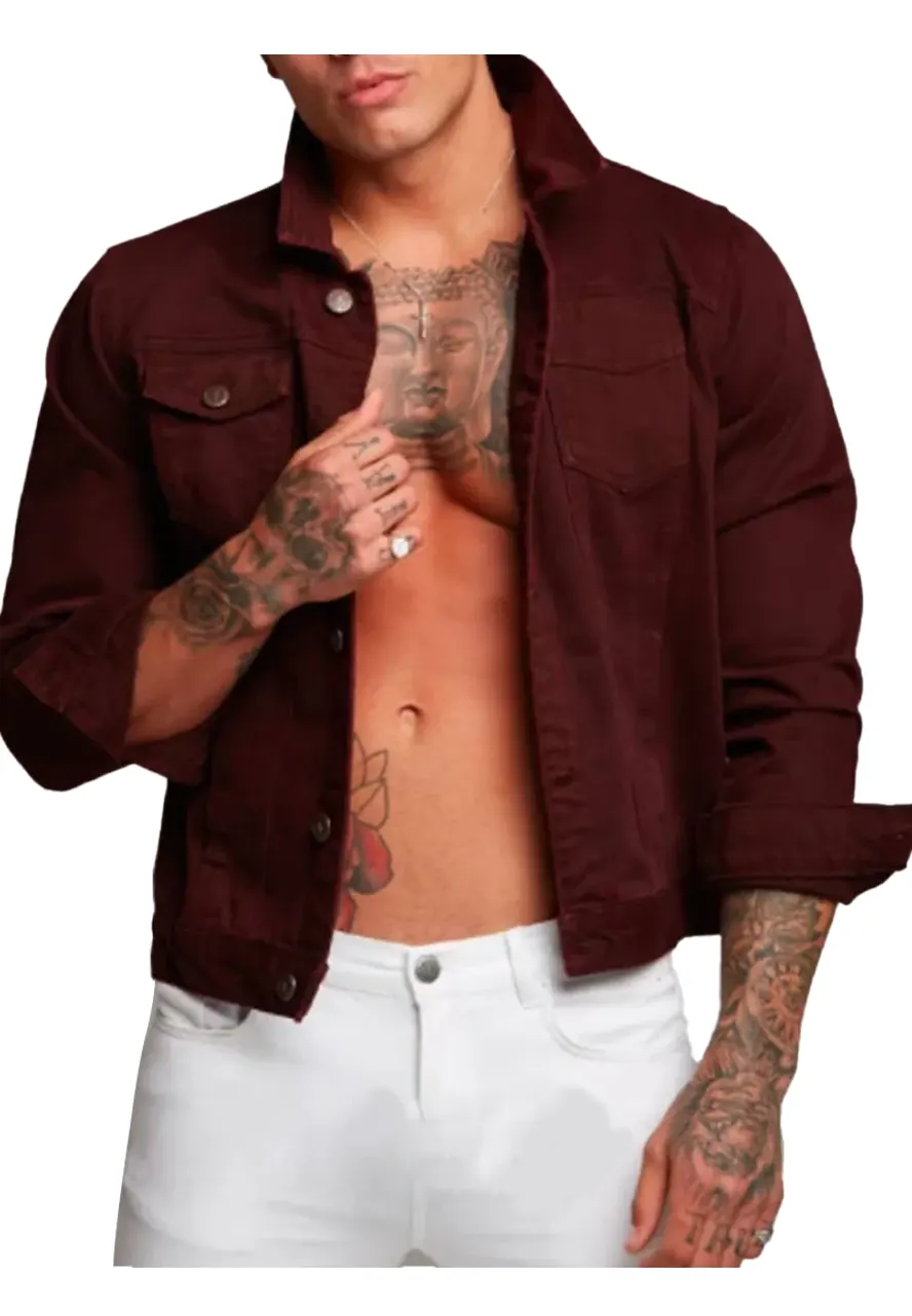 Men's Burgundy Denim Button Closure Jacket Men's Burgundy Denim Button Closure Jacket - Image 4