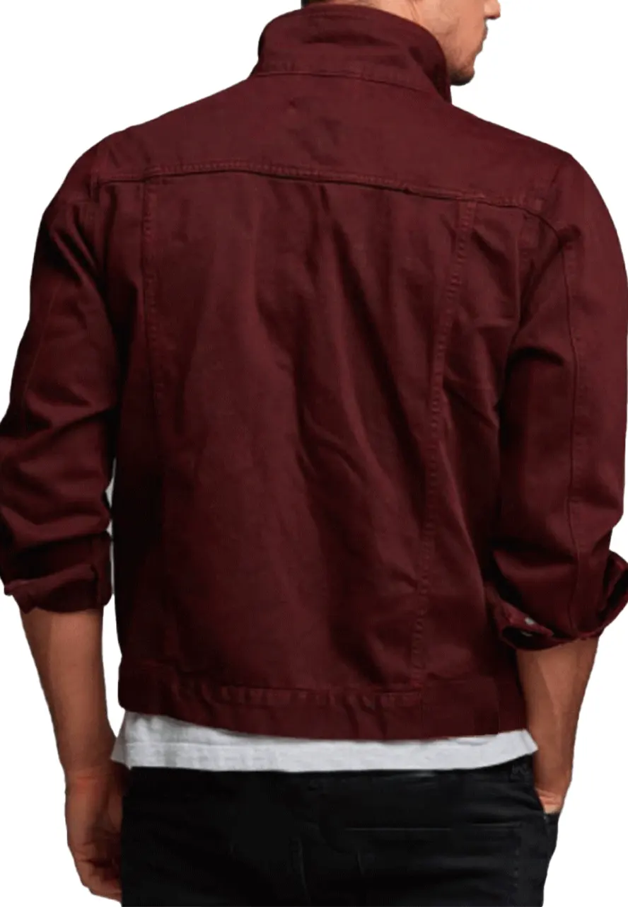Men's Burgundy Denim Button Closure Jacket Men's Burgundy Denim Button Closure Jacket - Image 2