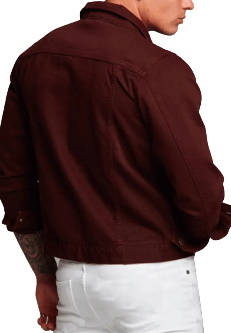 Men's Burgundy Denim Button Closure Jacket Men's Burgundy Denim Button Closure Jacket - Image 5