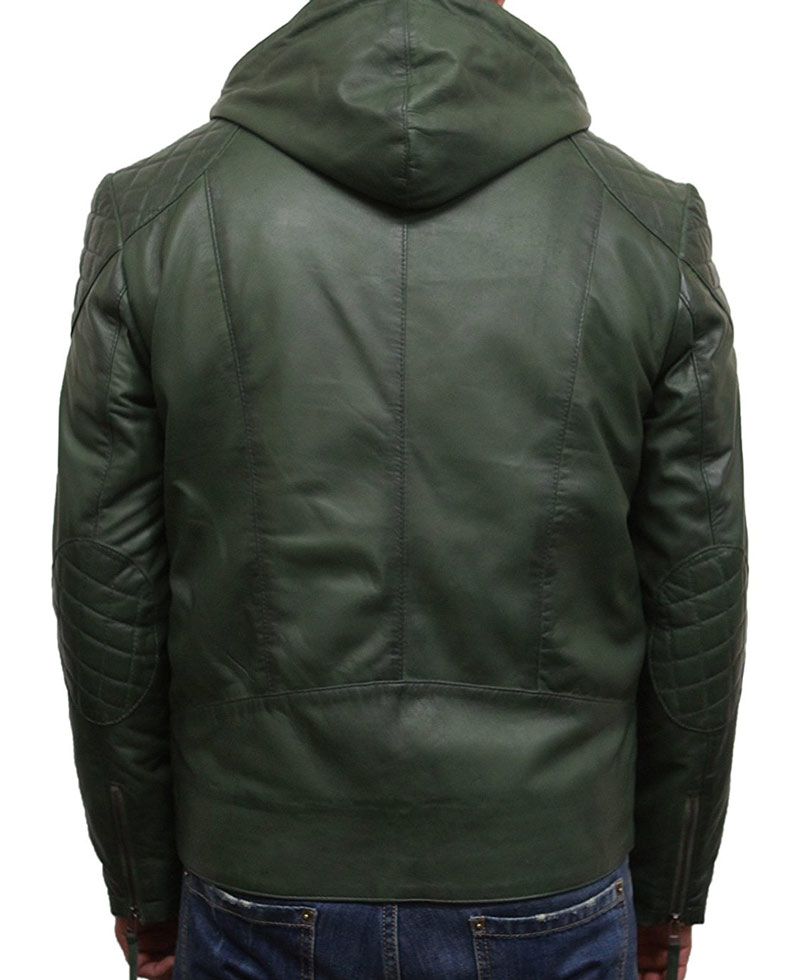 Men's Casual Zip Up Green Leather Hoodie Men's Casual Zip Up Green Leather Hoodie - Image 2