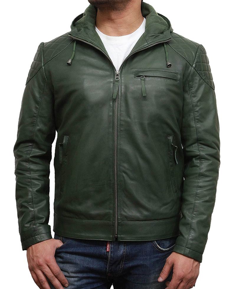 Men's Casual Zip Up Green Leather Hoodie Men's Casual Zip Up Green Leather Hoodie - Image 3