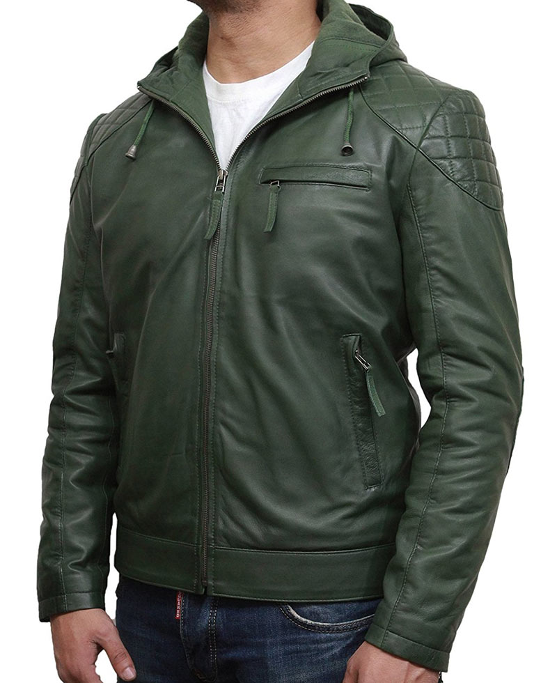 Men's Casual Zip Up Green Leather Hoodie
