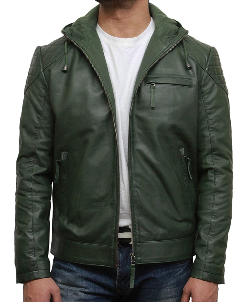 Men's Casual Zip Up Green Leather Hoodie Men's Casual Zip Up Green Leather Hoodie - Image 4
