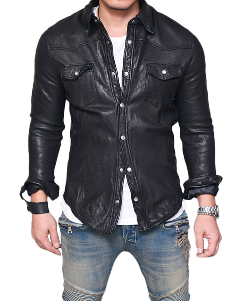 Men's Shirt Collar Casual Lambskin Leather Jacket