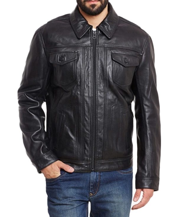 Men's Shirt Collar Casual Black Leather Jacket