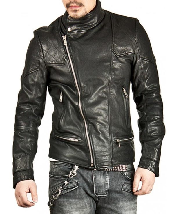 Men's Casual Stand Collar Black Leather Jacket