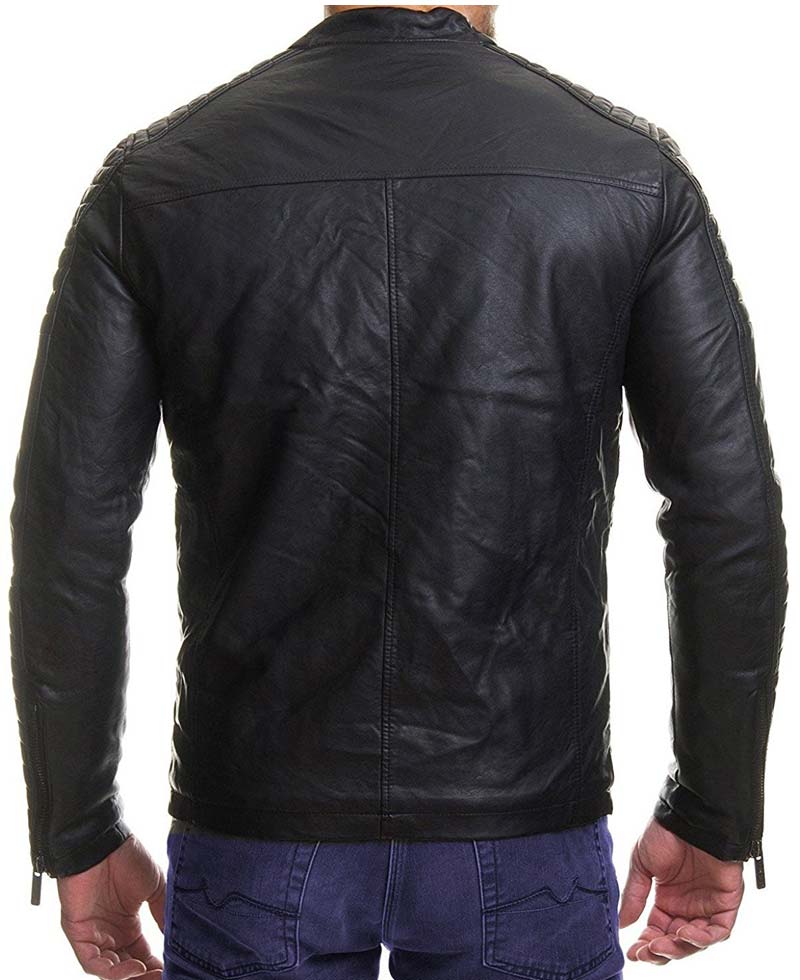 Men's Casual Slim Fit Padded Black Leather Jacket Men's Casual Slim Fit Padded Black Leather Jacket - Image 2