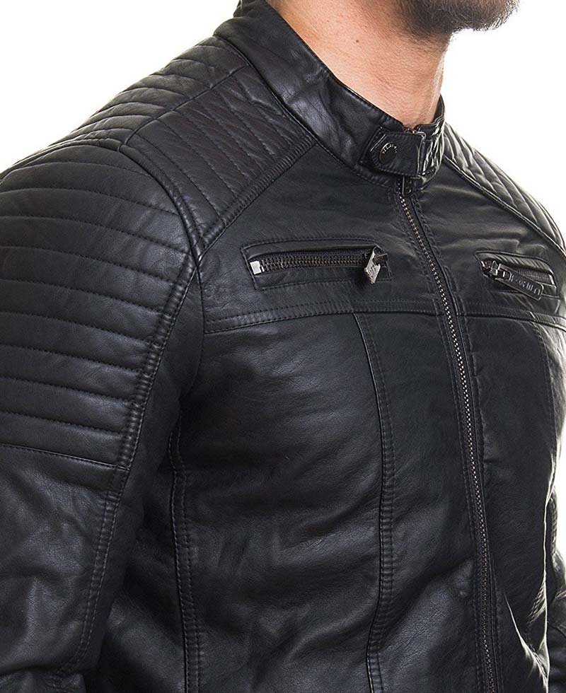 Men's Casual Slim Fit Padded Black Leather Jacket Men's Casual Slim Fit Padded Black Leather Jacket - Image 3