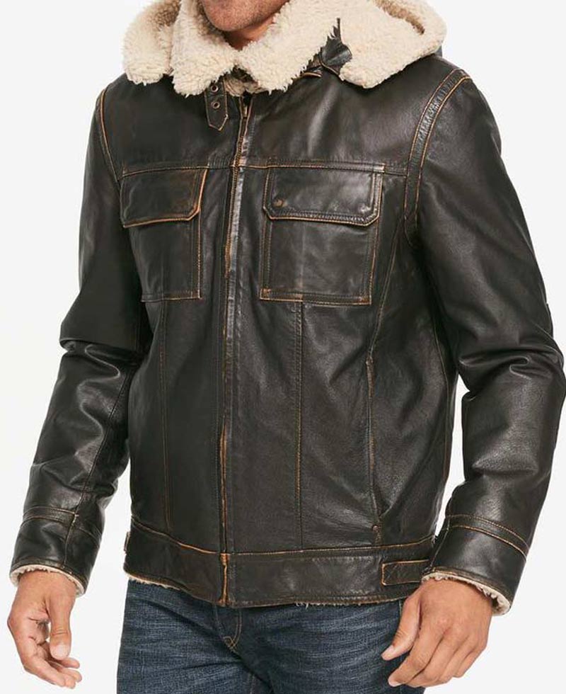 Men's Casual Waxed Brown Leather Jacket with Removable Hoodie Men's Casual Waxed Brown Leather Jacket with Removable Hoodie - Image 3