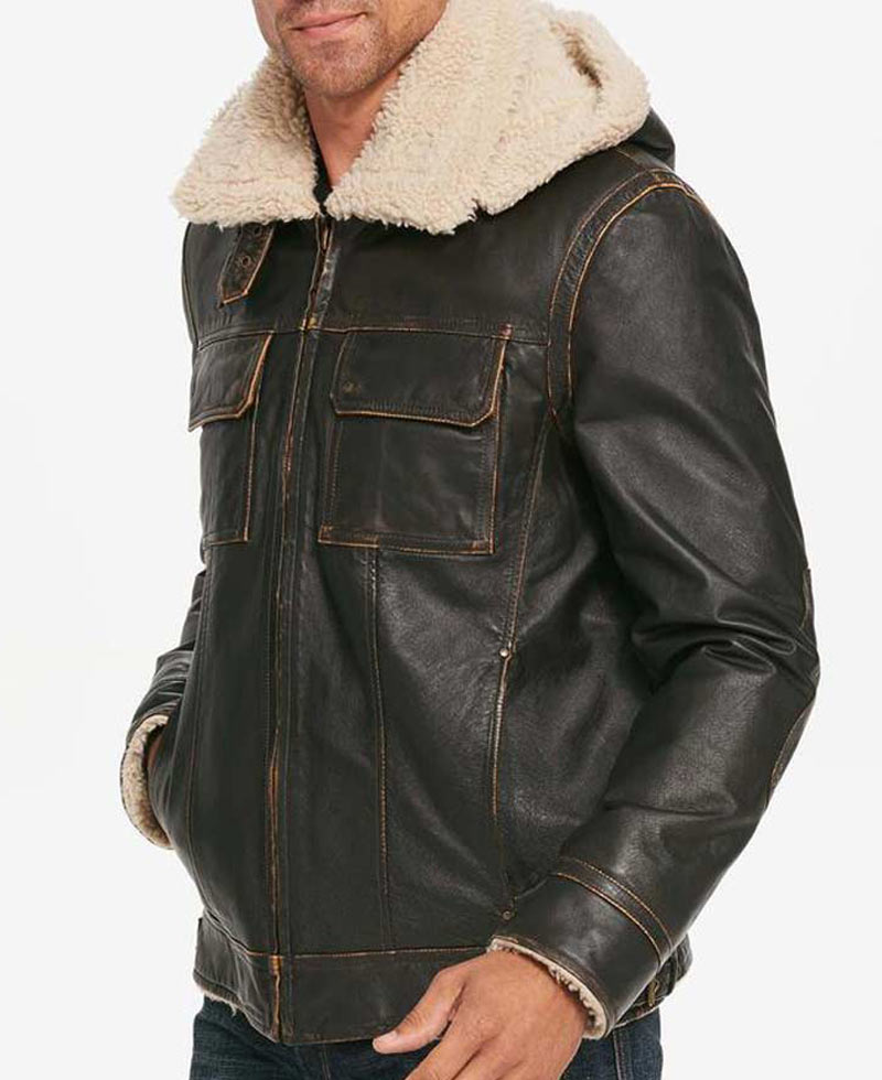 Men's Casual Waxed Brown Leather Jacket with Removable Hoodie Men's Casual Waxed Brown Leather Jacket with Removable Hoodie - Image 4