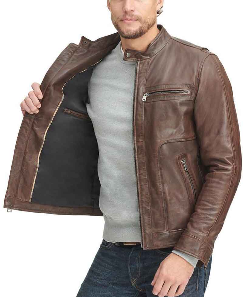 Men's Casual Wear Zipper Pockets Design Waxed Brown Leather Jacket Men's Casual Wear Zipper Pockets Design Waxed Brown Leather Jacket - Image 5