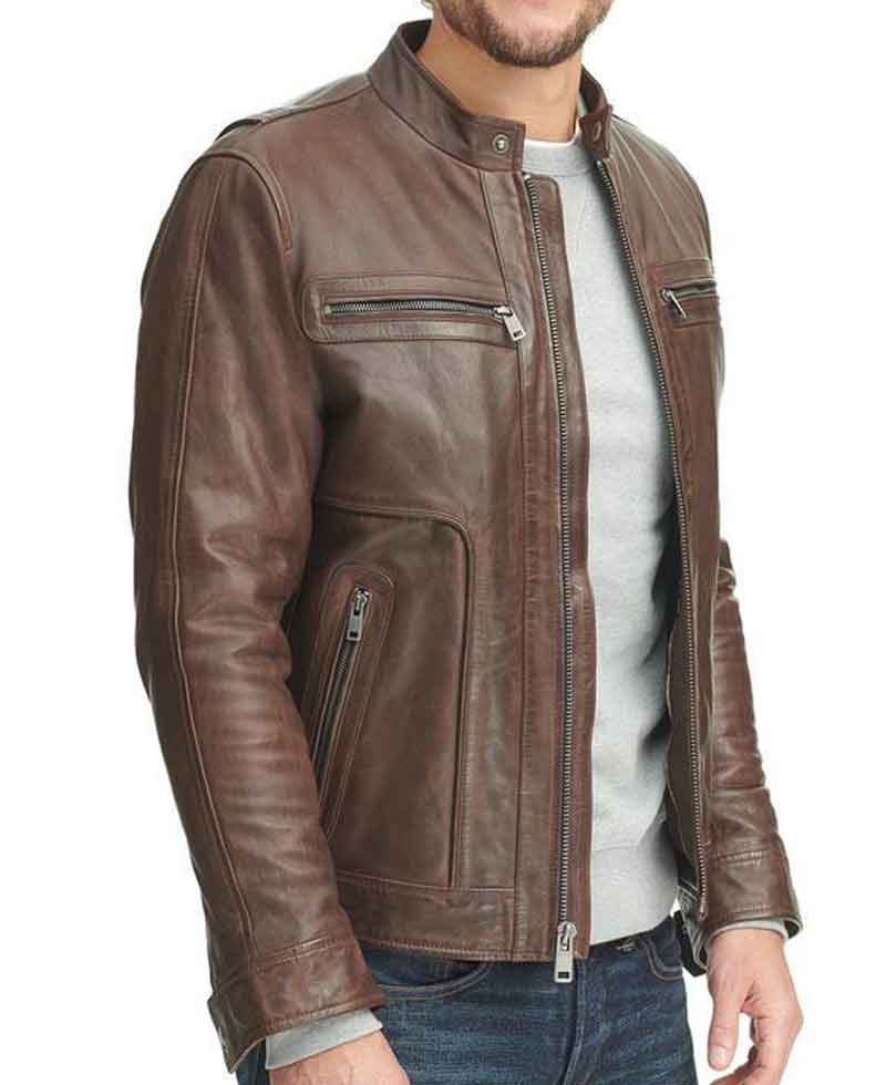 Men's Casual Wear Zipper Pockets Design Waxed Brown Leather Jacket Men's Casual Wear Zipper Pockets Design Waxed Brown Leather Jacket - Image 4