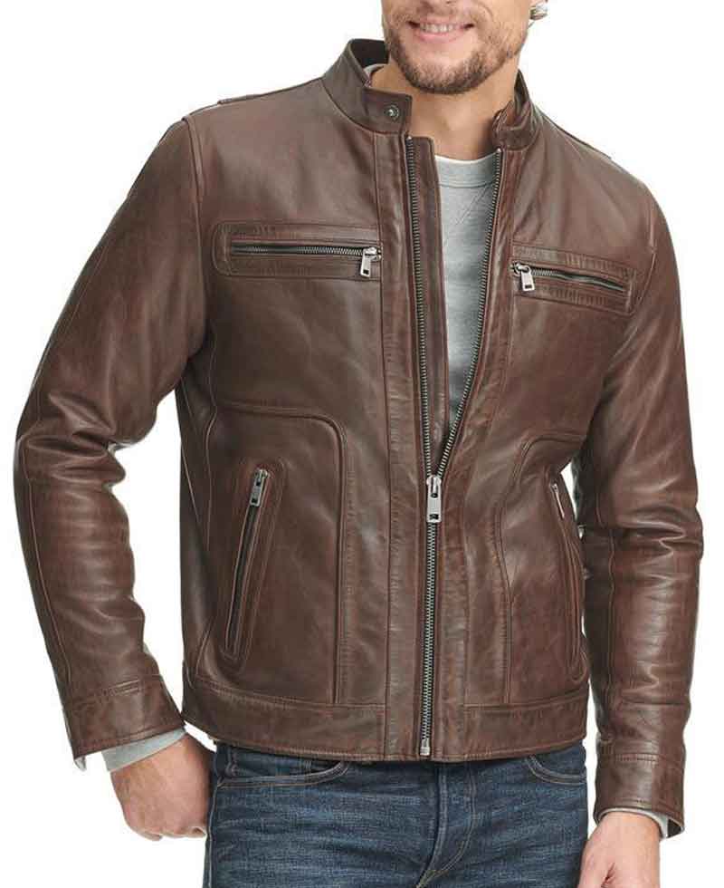 Men's Casual Wear Zipper Pockets Design Waxed Brown Leather Jacket Men's Casual Wear Zipper Pockets Design Waxed Brown Leather Jacket - Image 2