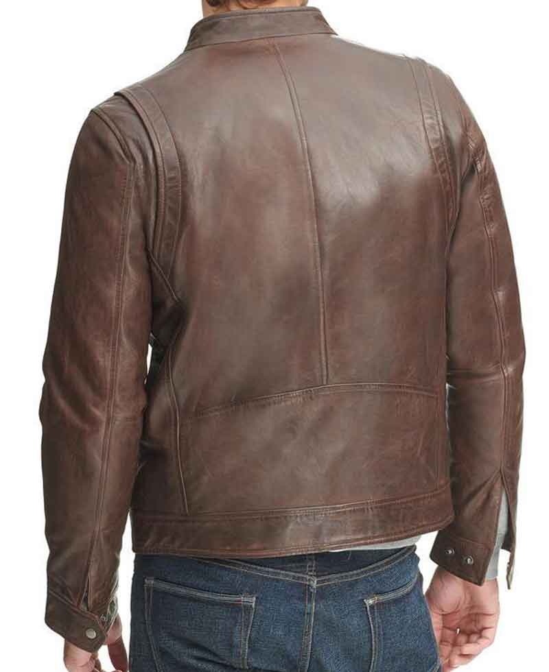 Men's Casual Wear Zipper Pockets Design Waxed Brown Leather Jacket Men's Casual Wear Zipper Pockets Design Waxed Brown Leather Jacket - Image 6