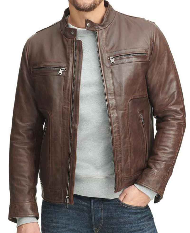 Men's Casual Wear Zipper Pockets Design Waxed Brown Leather Jacket Men's Casual Wear Zipper Pockets Design Waxed Brown Leather Jacket - Image 3
