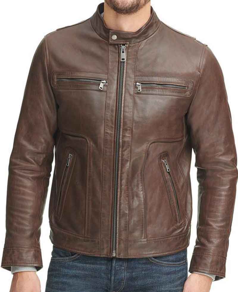 Men's Casual Wear Zipper Pockets Design Waxed Brown Leather Jacket