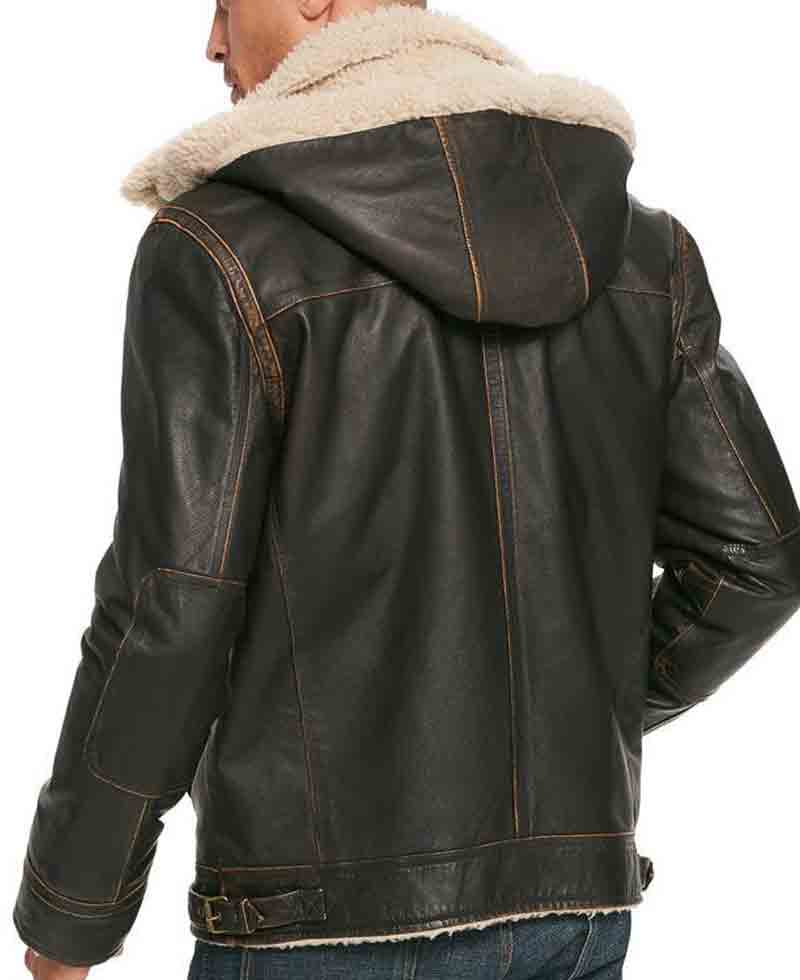 Men's Classic B3 Shearling Brown Leather Jacket with Hoodie Men's Classic B3 Shearling Brown Leather Jacket with Hoodie - Image 5