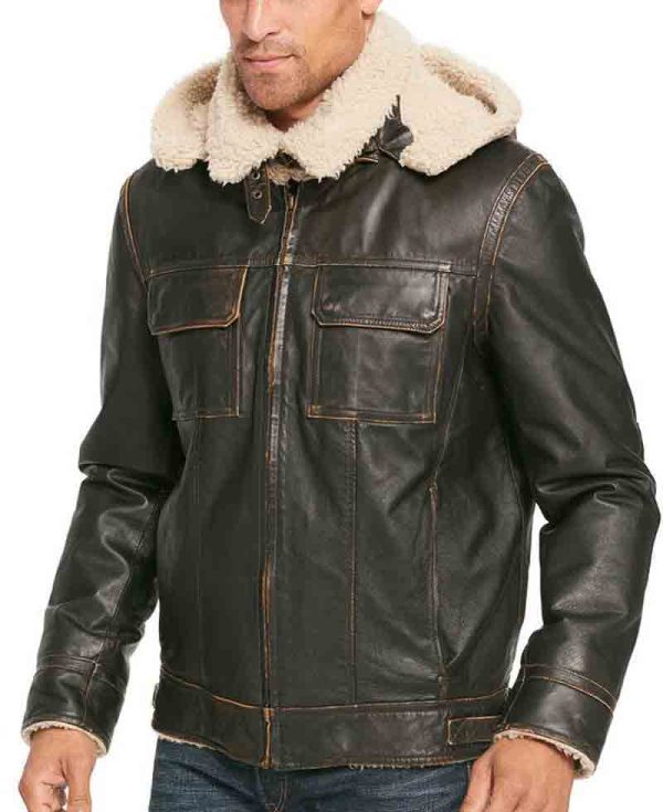 Men's Classic B3 Shearling Brown Leather Jacket with Hoodie