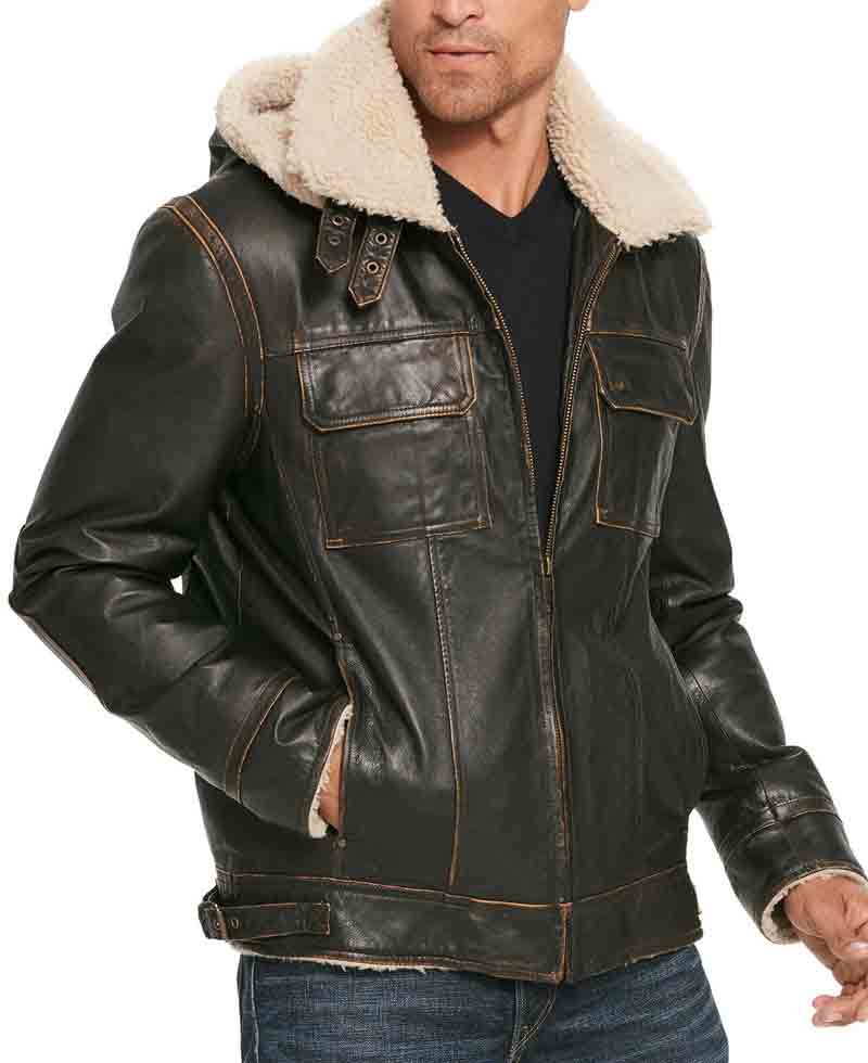 Men's Classic B3 Shearling Brown Leather Jacket with Hoodie Men's Classic B3 Shearling Brown Leather Jacket with Hoodie - Image 3