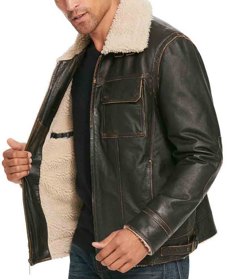 Men's Classic B3 Shearling Brown Leather Jacket with Hoodie Men's Classic B3 Shearling Brown Leather Jacket with Hoodie - Image 4