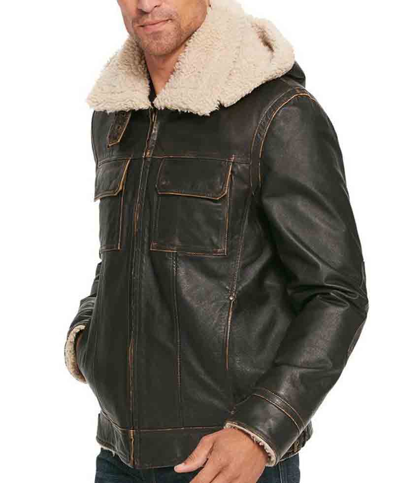 Men's Classic B3 Shearling Brown Leather Jacket with Hoodie Men's Classic B3 Shearling Brown Leather Jacket with Hoodie - Image 2