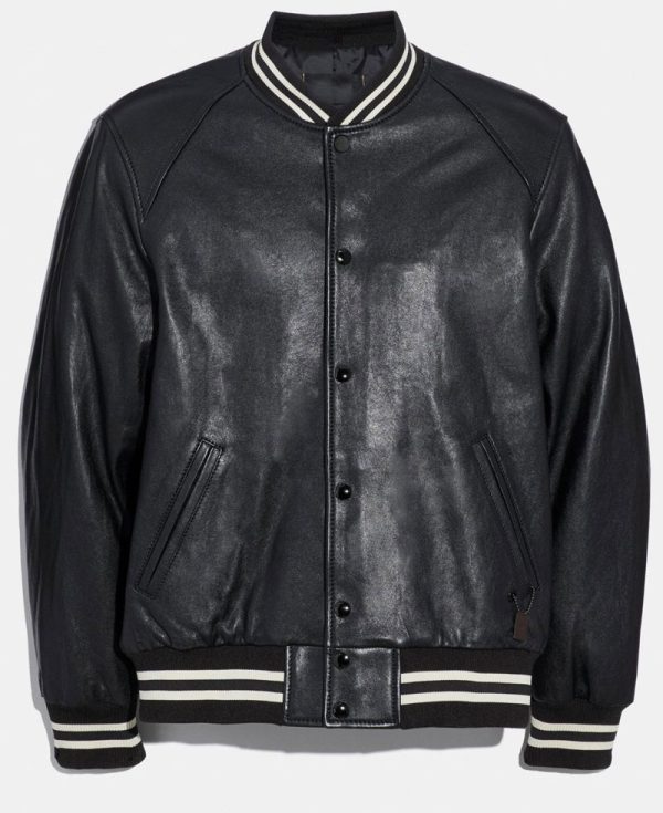 Men's Snap Tab Closure Black Leather Bomber Jacket