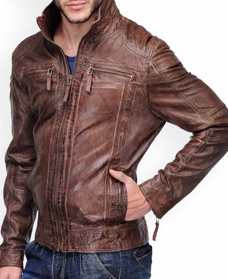 Biker Style Men's Distressed Leather Brown Jacket Biker Style Men's Distressed Leather Brown Jacket - Image 4