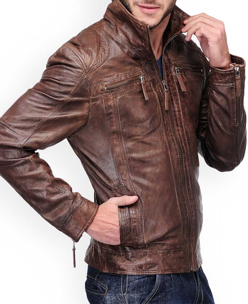 Biker Style Men's Distressed Leather Brown Jacket Biker Style Men's Distressed Leather Brown Jacket - Image 3